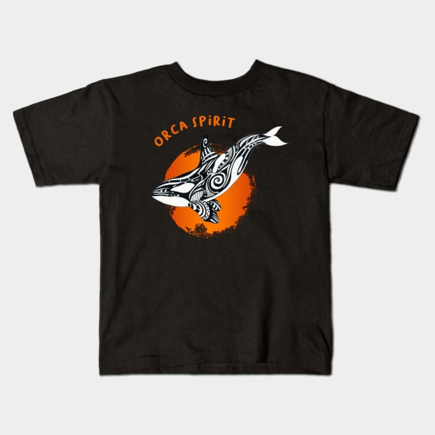 Orca Killer Whale Spirit Orange Tribal Sun Tattoo Ink Kids T-Shirt by Seven Sirens Studios